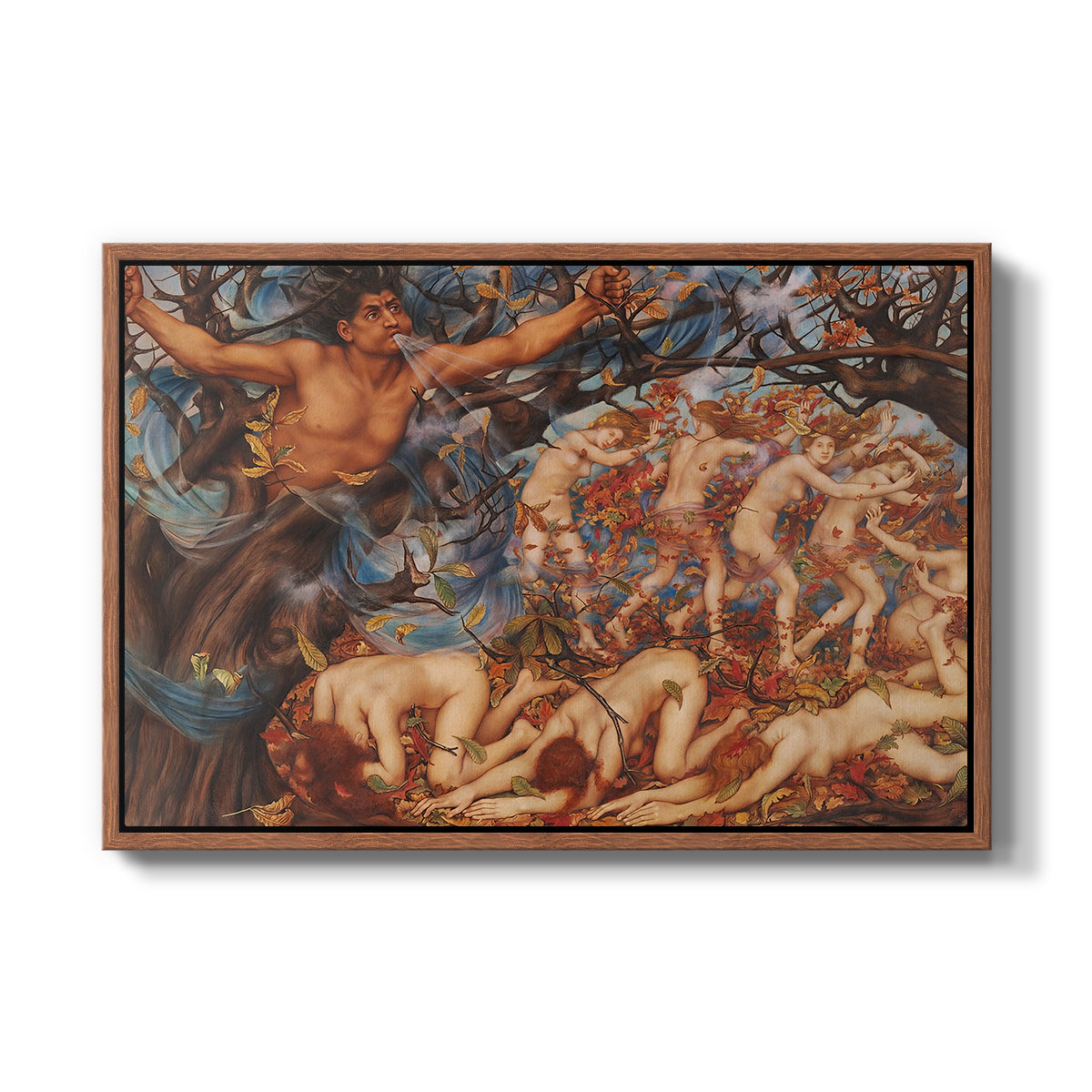 Boreas and the Fallen Leaves, c. 1910-1914 by Evelyn De Morgan in a walnut floater framed canvas wall art display.