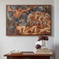 Walnut floater framed canvas featuring Boreas and the Fallen Leaves, c. 1910-1914 by Evelyn De Morgan above an entryway table in a minimalist foyer.