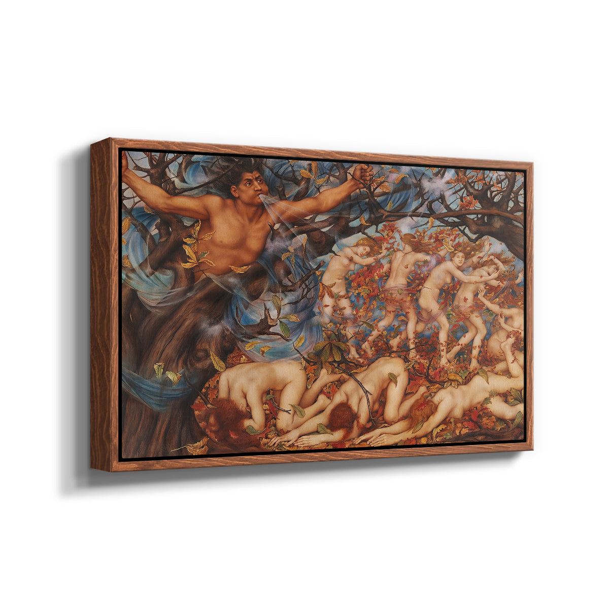 Angled view of Boreas and the Fallen Leaves, c. 1910-1914 by Evelyn De Morgan in a walnut floater framed canvas.