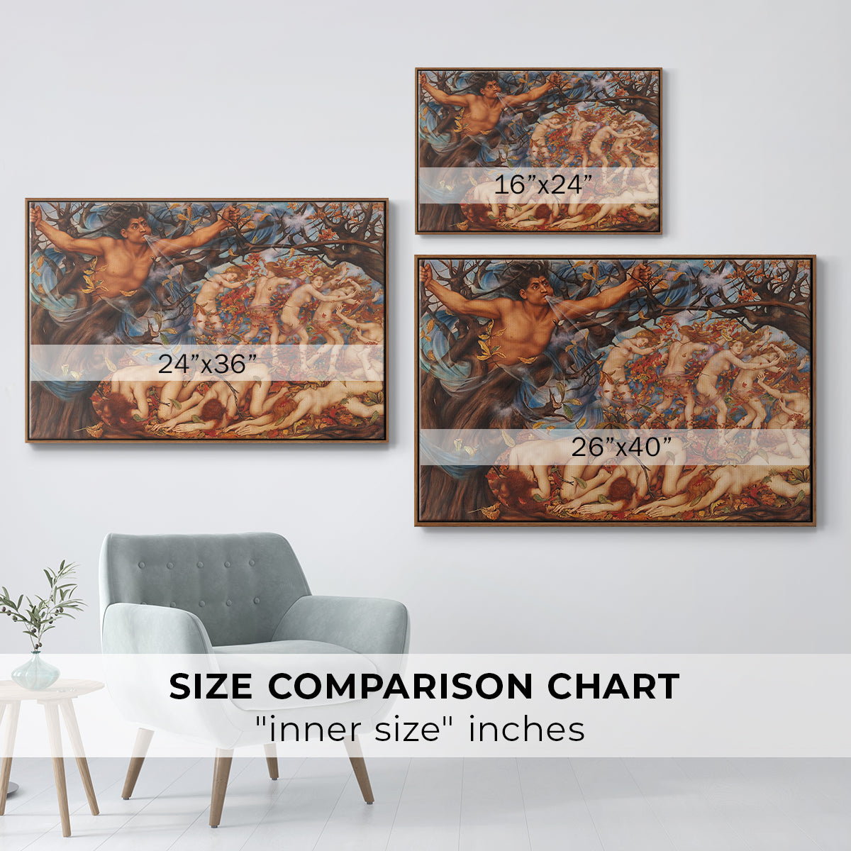 Size comparison chart for walnut floater framed canvas featuring Boreas and the Fallen Leaves, c. 1910-1914 by Evelyn De Morgan.