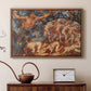 Walnut floater framed canvas featuring an energetic depiction of figures swept through air by wind, displayed above a cabinet in a soft-toned living room.
