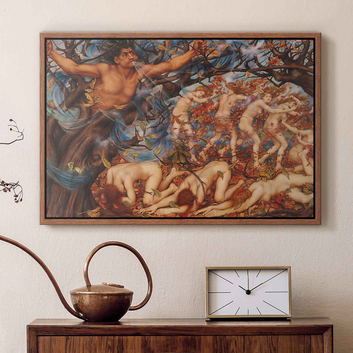 Walnut floater framed canvas featuring an energetic depiction of figures swept through air by wind, displayed above a cabinet in a soft-toned living room.