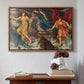 Walnut floater framed canvas featuring The Storm Spirits, 1900 by Evelyn De Morgan above an entryway table in a minimalist foyer.