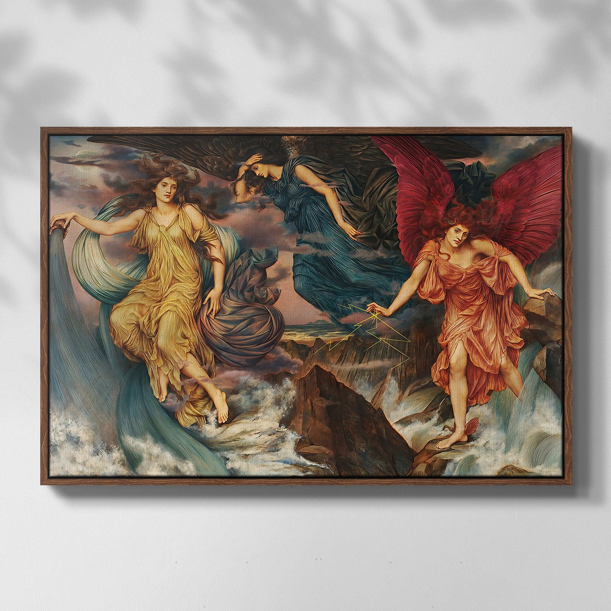 Front view of The Storm Spirits, 1900 by Evelyn De Morgan in a walnut floater framed canvas.