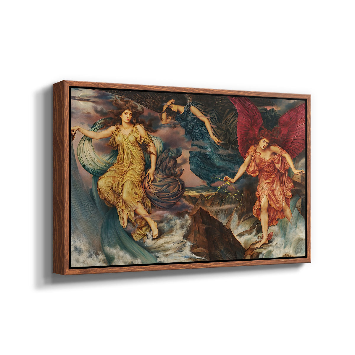 Angled view of The Storm Spirits, 1900 by Evelyn De Morgan in a walnut floater framed canvas.