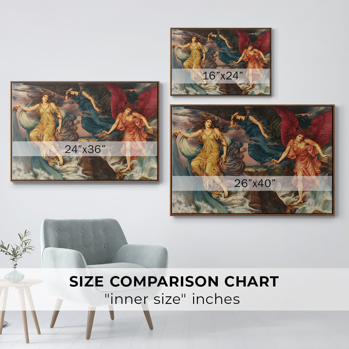 Size comparison chart for walnut floater framed canvas featuring The Storm Spirits, 1900 by Evelyn De Morgan.