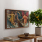 The Storm Spirits, 1900 by Evelyn De Morgan, presented in a walnut floater framed canvas featuring multiple figures swirling through sky representing storm forces in motion, displayed above a hallway console table.