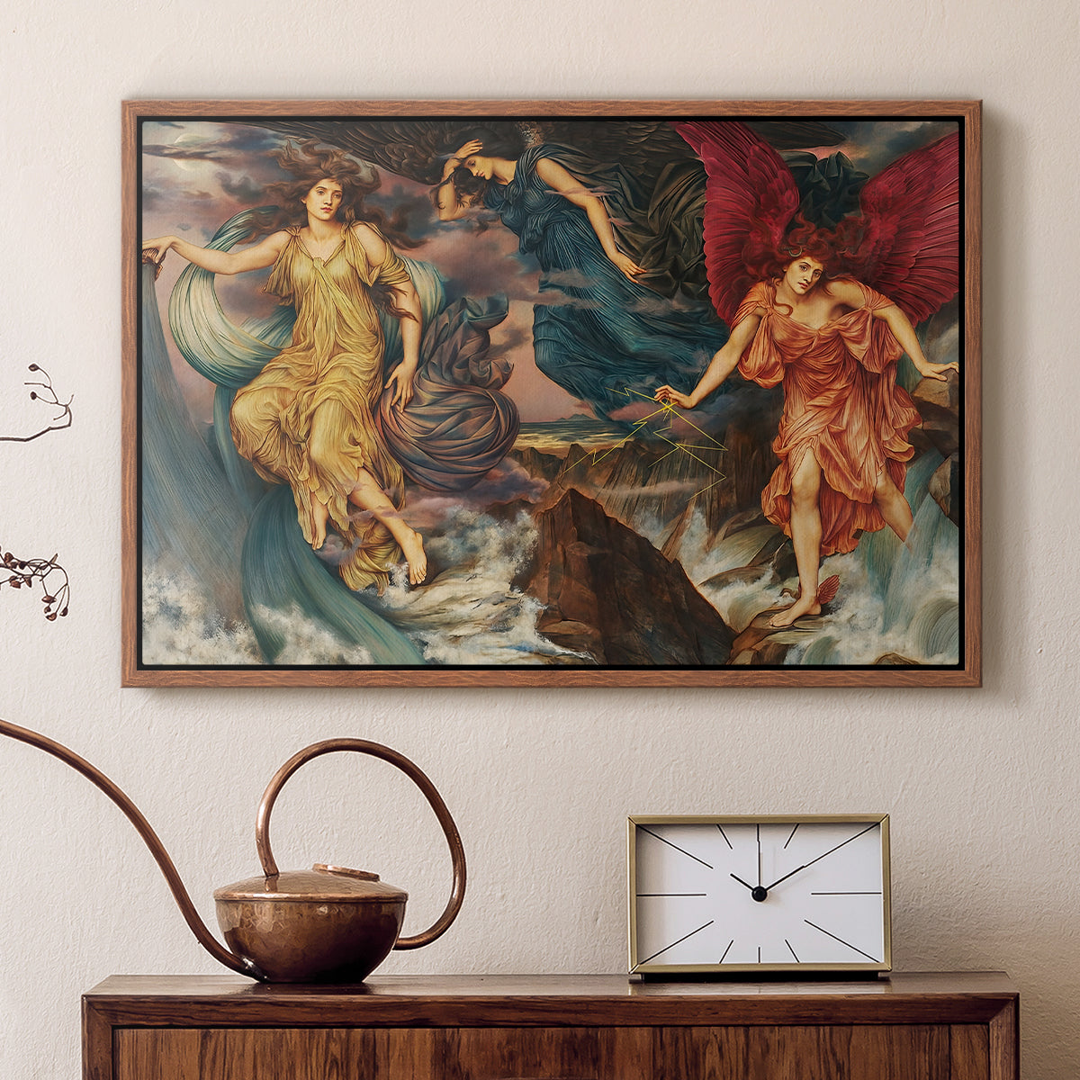 Walnut floater framed canvas featuring a dynamic composition of figures embodying storm energy, displayed above a cabinet in a soft-toned living room.