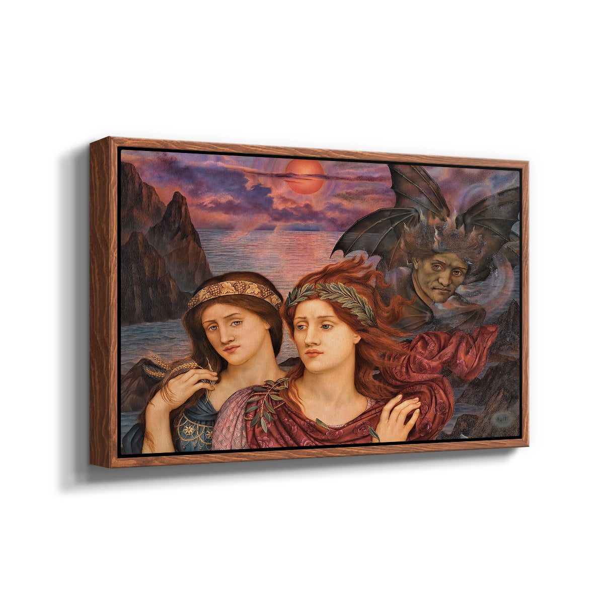 Angled view of The Vision, 1914 by Evelyn De Morgan in a walnut floater framed canvas.