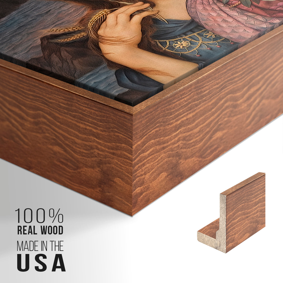 Close-up of the walnut floater frame corner and gallery wrapped canvas construction.
