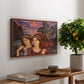 The Vision, 1914 by Evelyn De Morgan, presented in a walnut floater framed canvas featuring two female figures gazing outward with vivid sky behind them, displayed above a hallway console table.