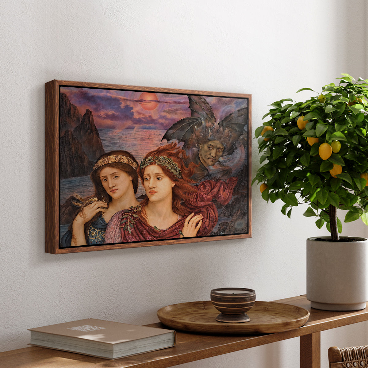The Vision, 1914 by Evelyn De Morgan, presented in a walnut floater framed canvas featuring two female figures gazing outward with vivid sky behind them, displayed above a hallway console table.