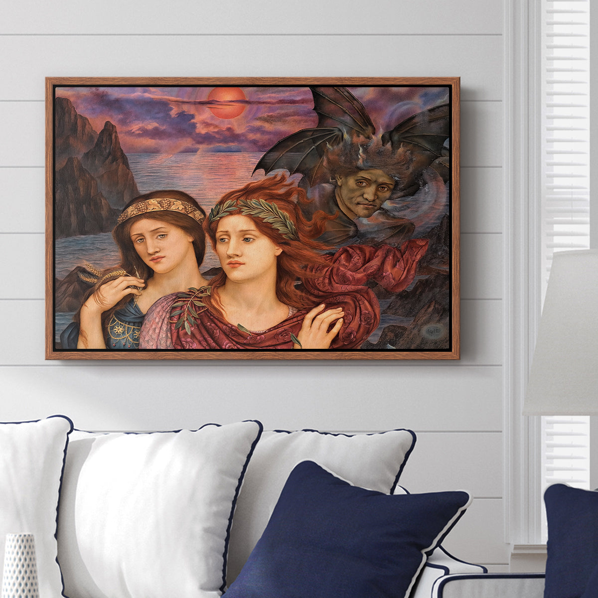 The Vision, 1914 by Evelyn De Morgan displayed above a sofa in a living room in a walnut floater frame, featuring a symbolic portrait of women framed by colorful atmospheric background.