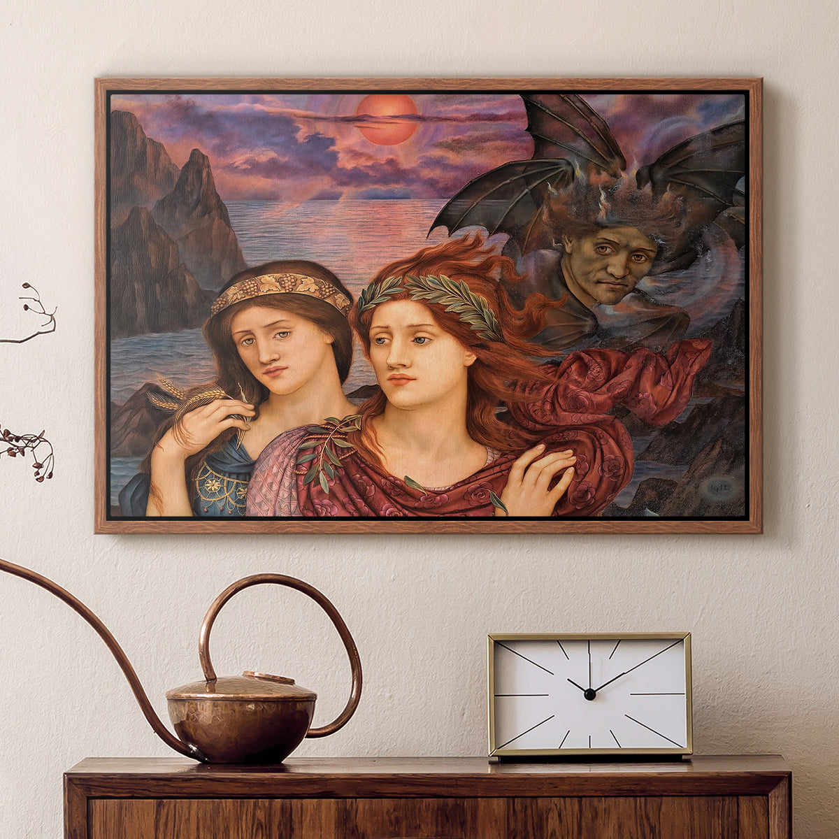 Walnut floater framed canvas featuring an expressive composition with figures and dramatic sky, displayed above a cabinet in a soft-toned living room.