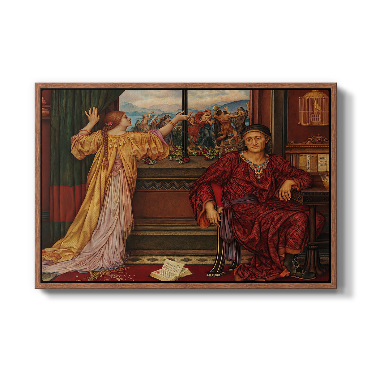The Gilded Cage, c. 1901-1902 by Evelyn De Morgan in a walnut floater framed canvas wall art display.