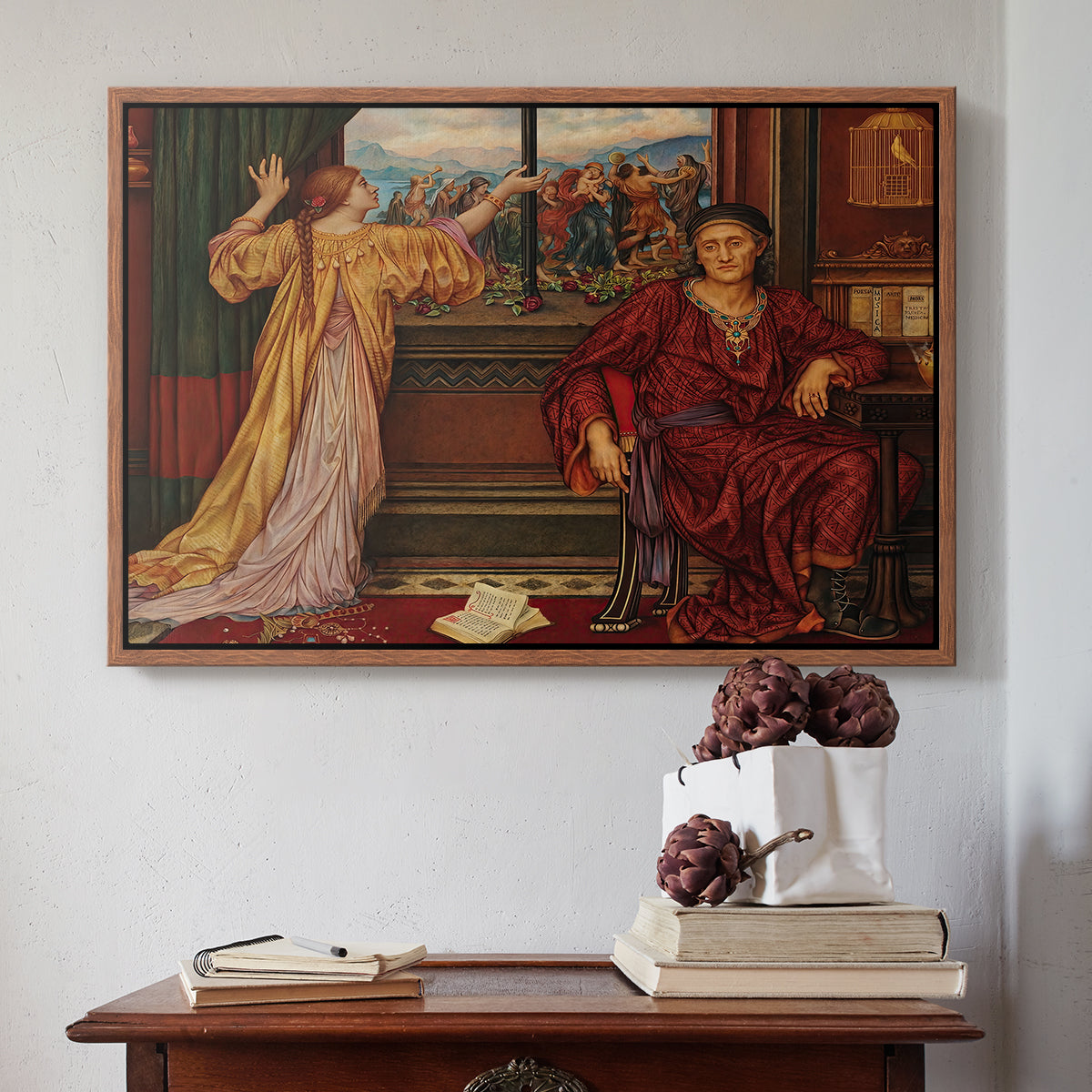 Walnut floater framed canvas featuring The Gilded Cage, c. 1901-1902 by Evelyn De Morgan above an entryway table in a minimalist foyer.