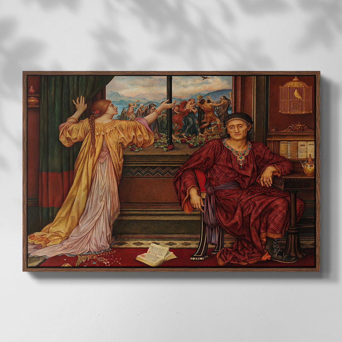 Front view of The Gilded Cage, c. 1901-1902 by Evelyn De Morgan in a walnut floater framed canvas.