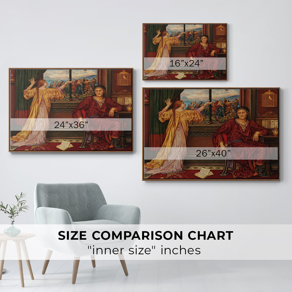 Size comparison chart for walnut floater framed canvas featuring The Gilded Cage, c. 1901-1902 by Evelyn De Morgan.