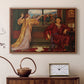 Walnut floater framed canvas featuring an interior composition with woman and gilded elements suggesting restriction, displayed above a cabinet in a soft-toned living room.