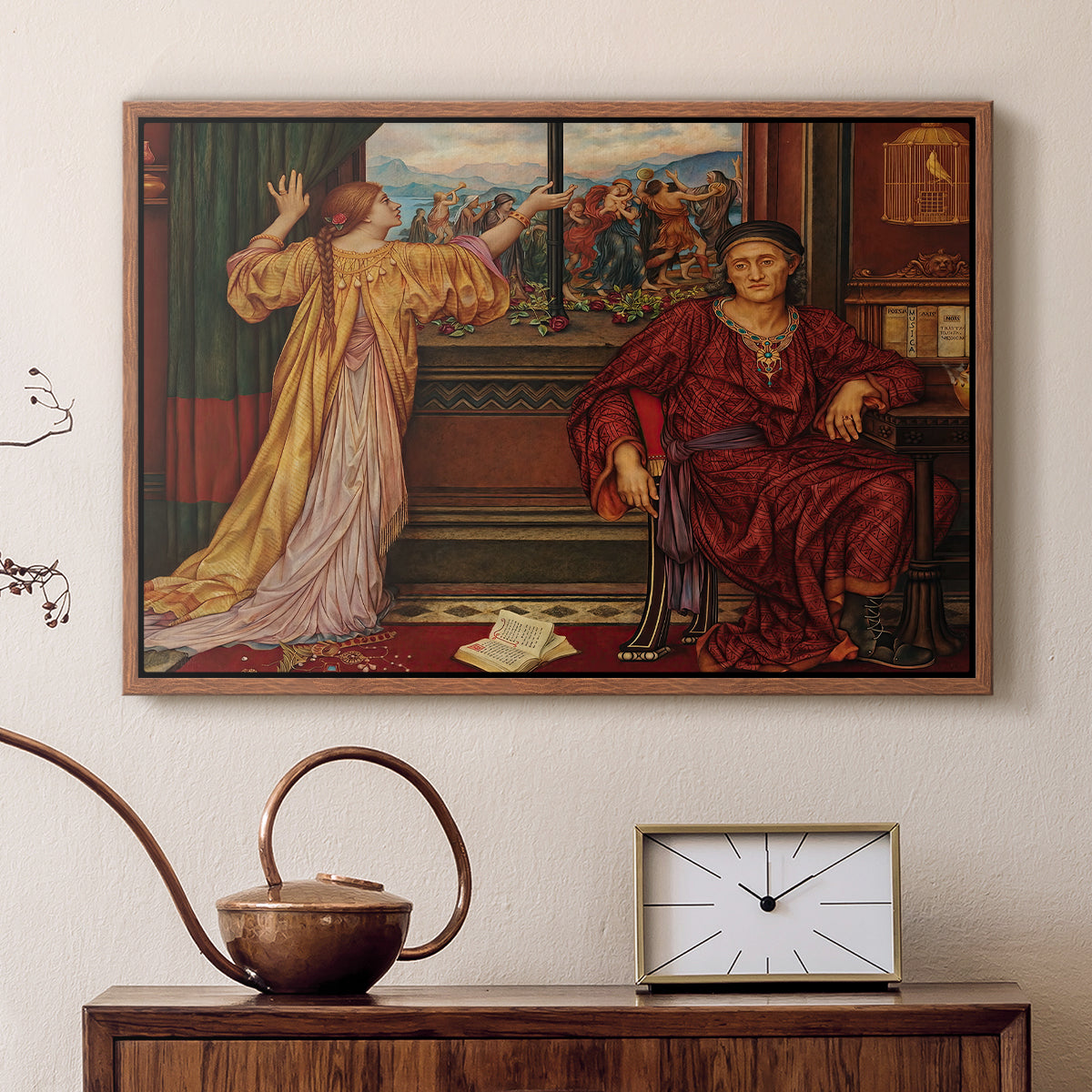 Walnut floater framed canvas featuring an interior composition with woman and gilded elements suggesting restriction, displayed above a cabinet in a soft-toned living room.