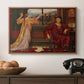 The Gilded Cage, c. 1901-1902 by Evelyn De Morgan in a walnut floater framed canvas displayed above a console table in a hallway, featuring an allegorical depiction of beauty and captivity.