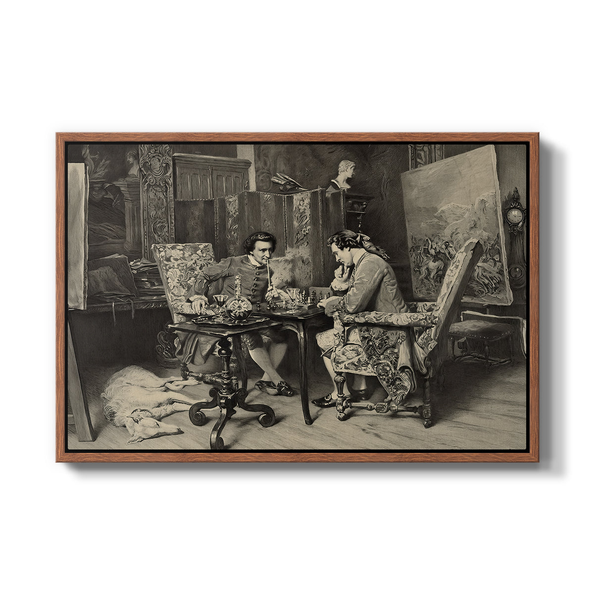 The Chess Players, 1858 by Ernest Meissonier in a walnut floater framed canvas wall art display.