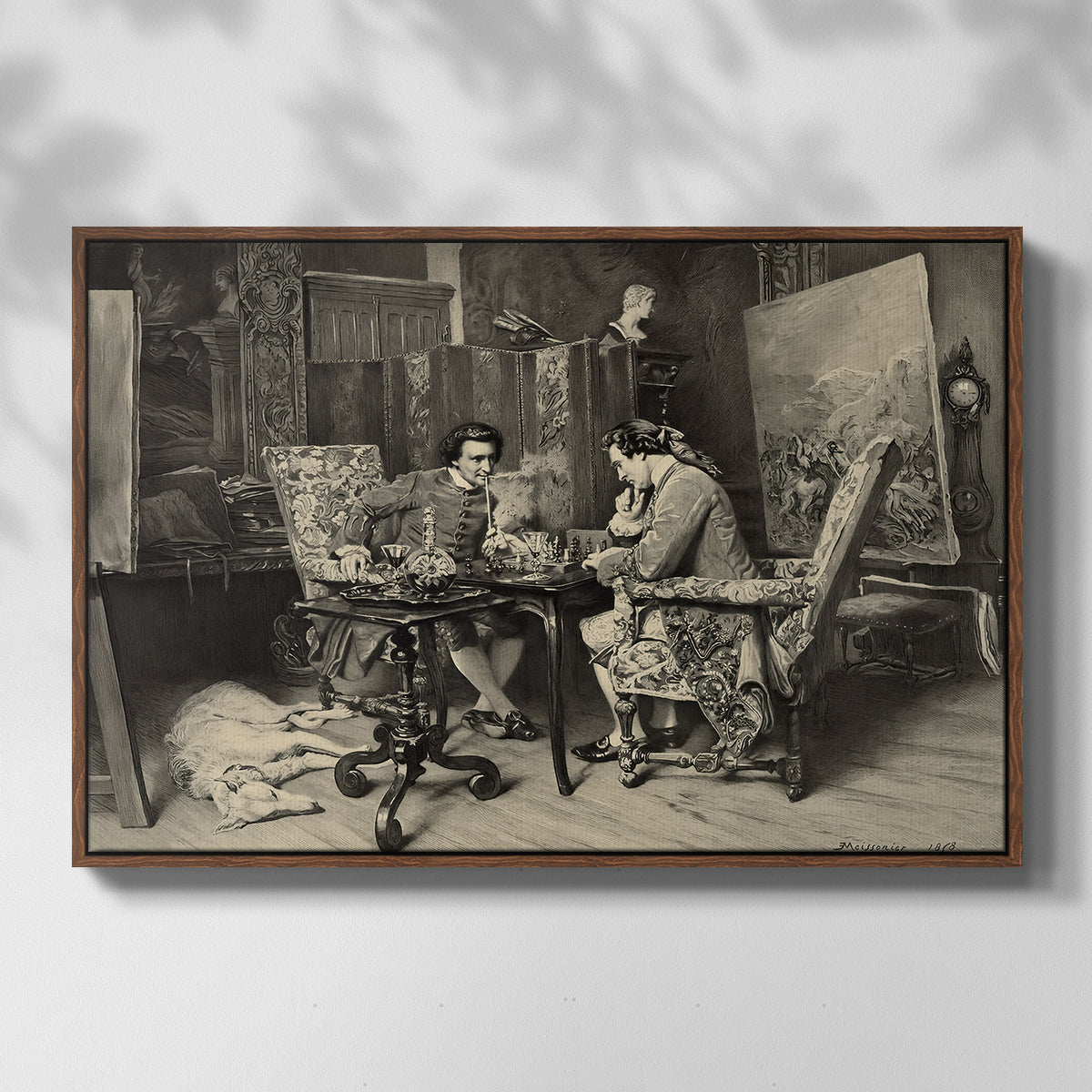 Front view of The Chess Players, 1858 by Ernest Meissonier in a walnut floater framed canvas.