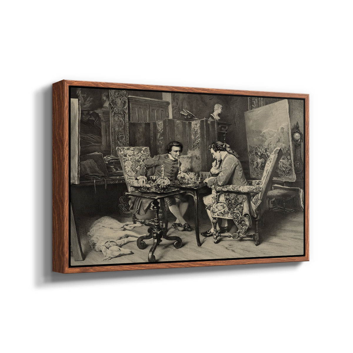 Angled view of The Chess Players, 1858 by Ernest Meissonier in a walnut floater framed canvas.