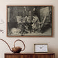 Walnut floater framed canvas featuring an intimate interior with players focused on board and pieces, displayed above a cabinet in a soft-toned living room.