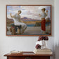 Walnut floater framed canvas featuring Winding the Skein, c. 1878 by Frederic Leighton above an entryway table in a minimalist foyer.