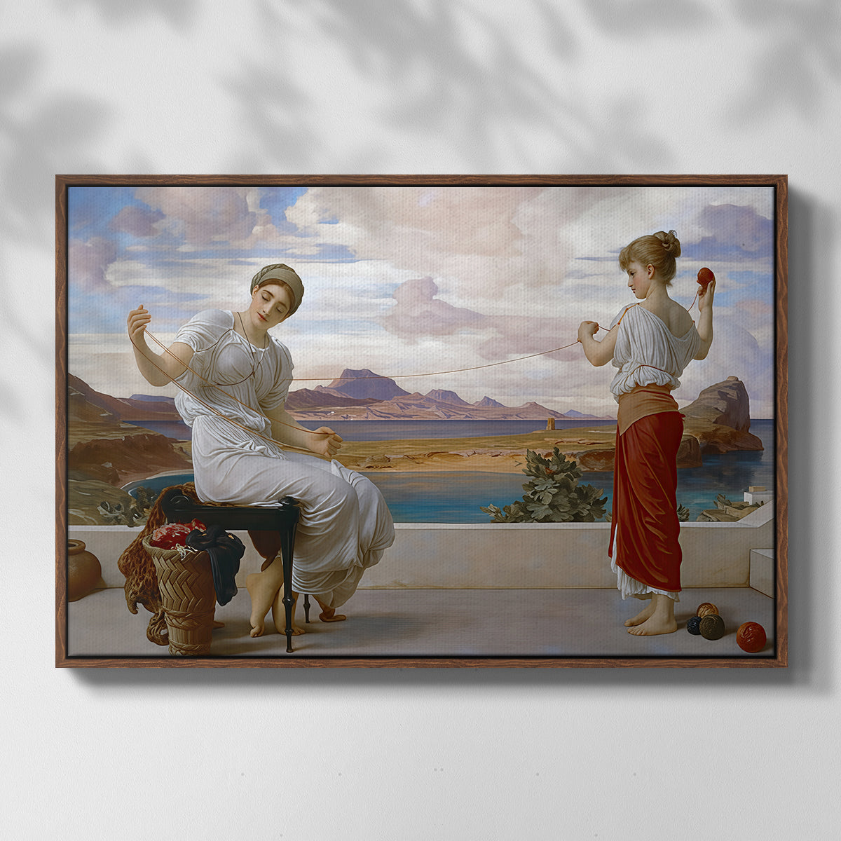 Front view of Winding the Skein, c. 1878 by Frederic Leighton in a walnut floater framed canvas.