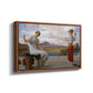 Angled view of Winding the Skein, c. 1878 by Frederic Leighton in a walnut floater framed canvas.