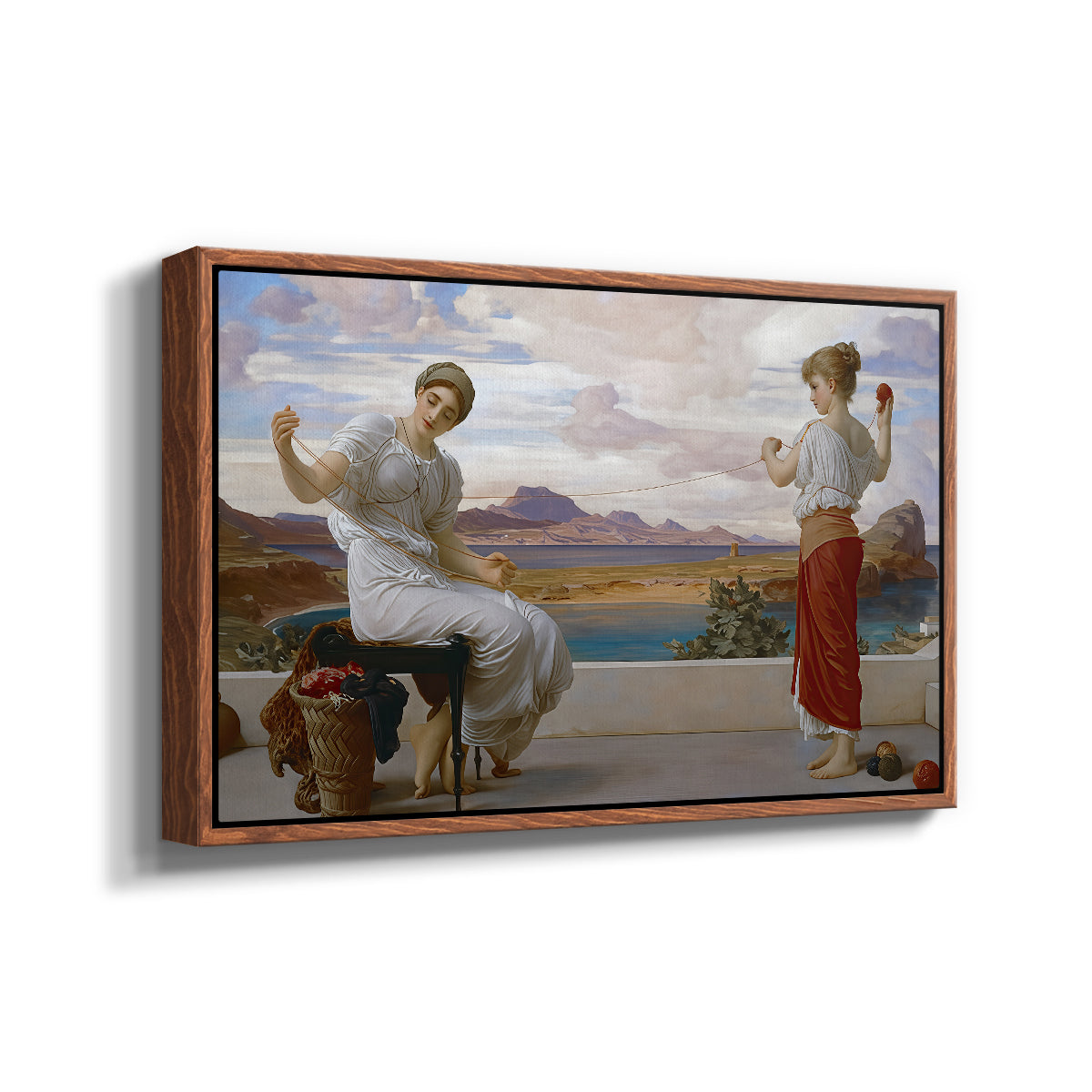 Angled view of Winding the Skein, c. 1878 by Frederic Leighton in a walnut floater framed canvas.