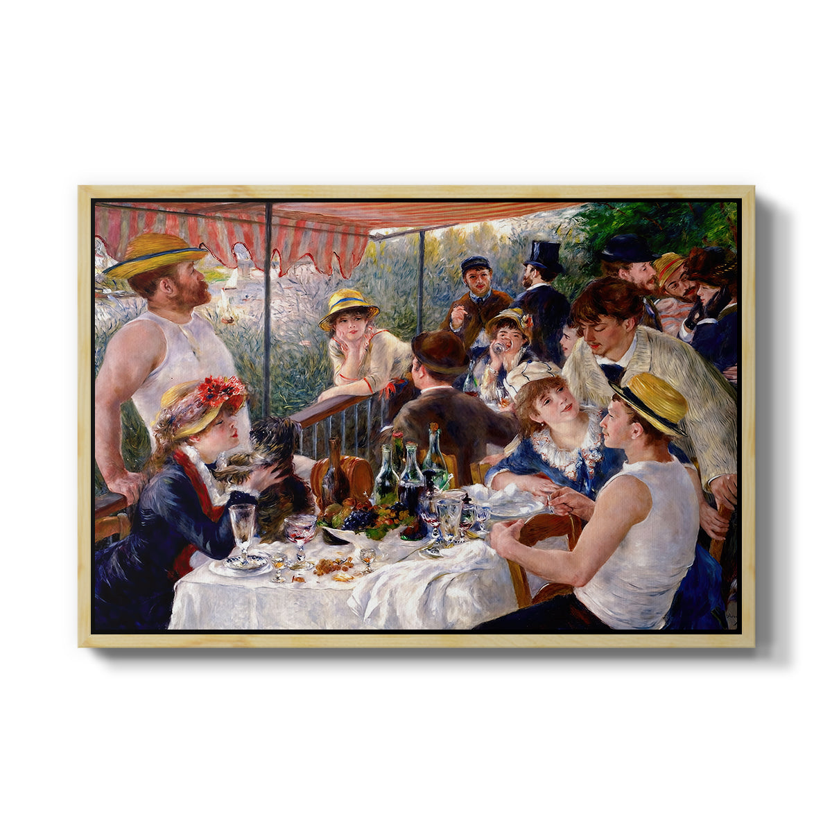Luncheon of the Boating Party (Le Déjeuner des canotiers), 1880-1881 by Pierre-Auguste Renoir in a natural wood floater framed canvas wall art display.