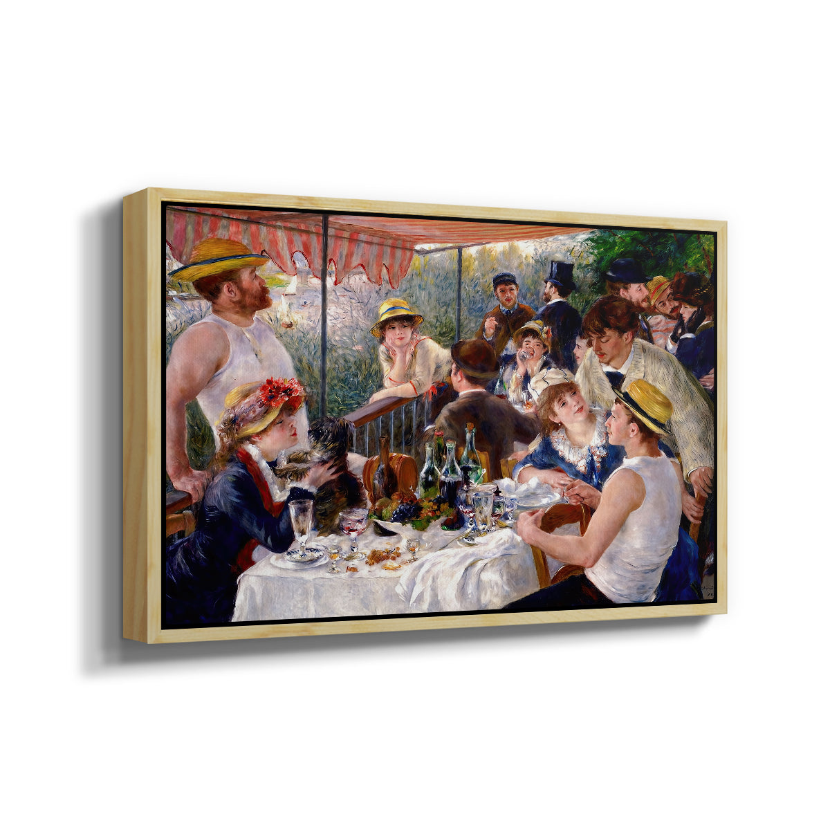Angled view of Luncheon of the Boating Party (Le Déjeuner des canotiers), 1880-1881 by Pierre-Auguste Renoir in a natural wood floater framed canvas.