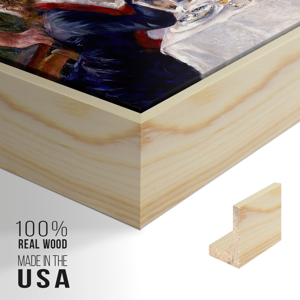 Close-up of the natural wood floater frame corner and gallery wrapped canvas construction.