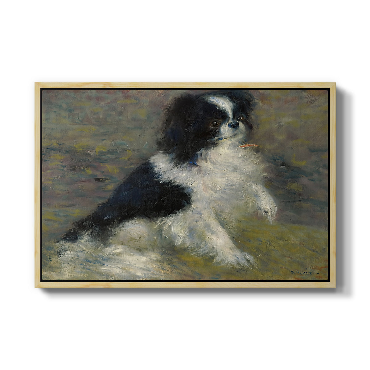 Tama, the Japanese Dog, c. 1876 by Pierre-Auguste Renoir in a natural wood floater framed canvas wall art display.
