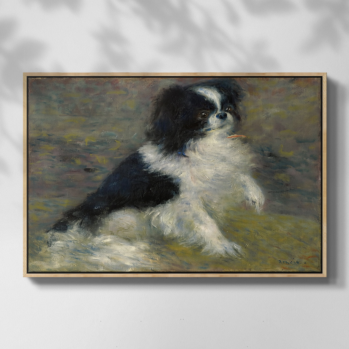 Front view of Tama, the Japanese Dog, c. 1876 by Pierre-Auguste Renoir in a natural wood floater framed canvas.