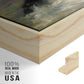 Close-up of the natural wood floater frame corner and gallery wrapped canvas construction.