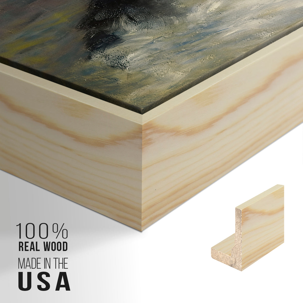 Close-up of the natural wood floater frame corner and gallery wrapped canvas construction.