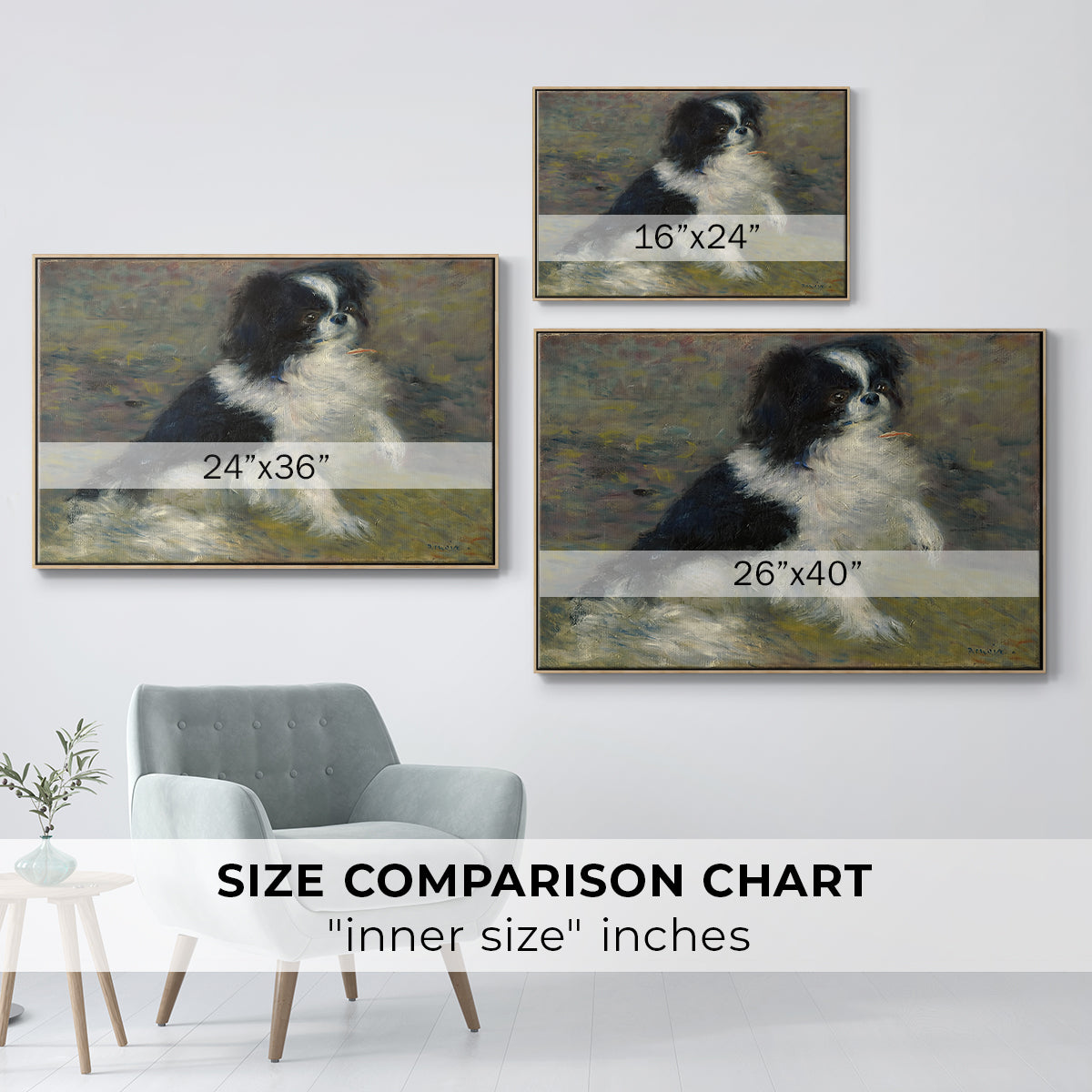 Size comparison chart for natural wood floater framed canvas featuring Tama, the Japanese Dog, c. 1876 by Pierre-Auguste Renoir.