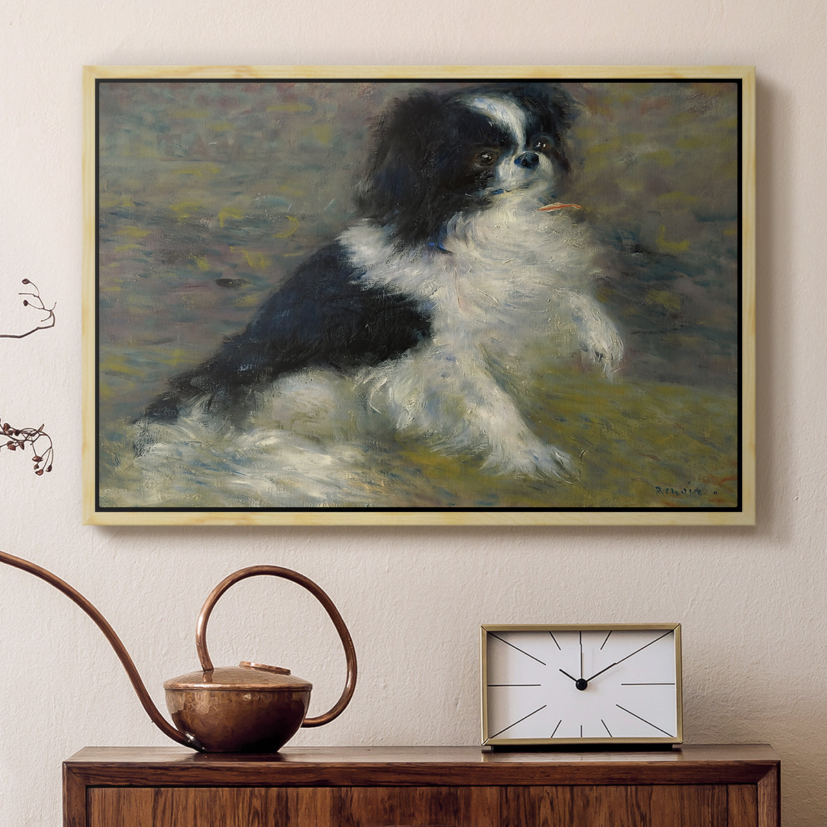 Natural wood floater framed canvas featuring a close-up of a small dog in motion surrounded by rippling water, displayed above a cabinet in a soft-toned living room.