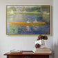 Natural wood floater framed canvas featuring The Skiff (La Yole), 1875 by Pierre-Auguste Renoir above an entryway table in a minimalist foyer.