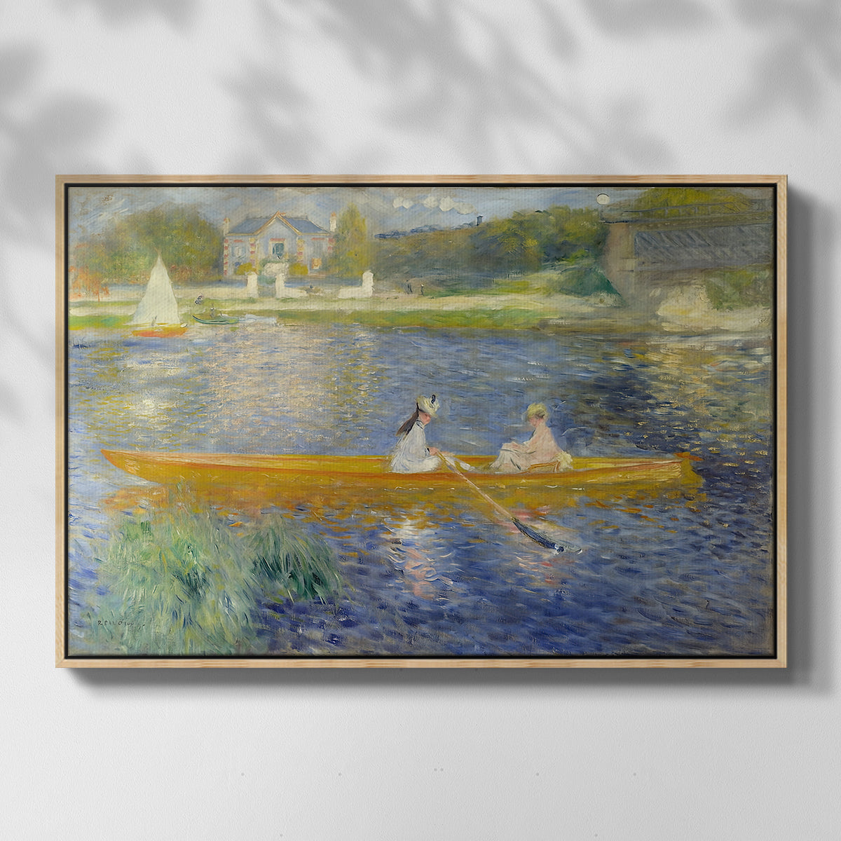 Front view of The Skiff (La Yole), 1875 by Pierre-Auguste Renoir in a natural wood floater framed canvas.