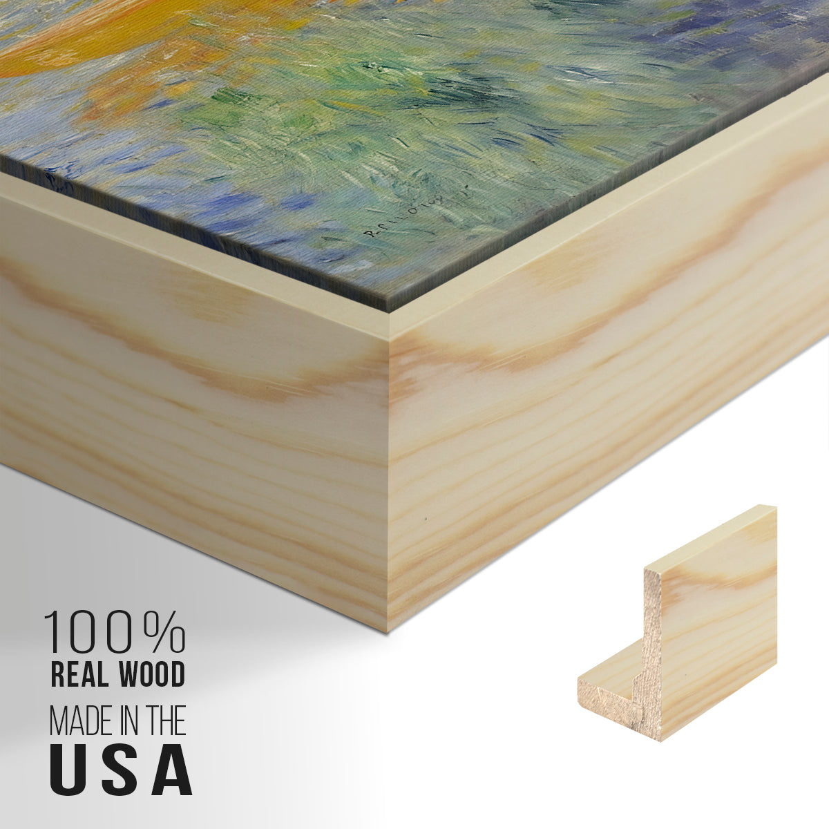 Close-up of the natural wood floater frame corner and gallery wrapped canvas construction.