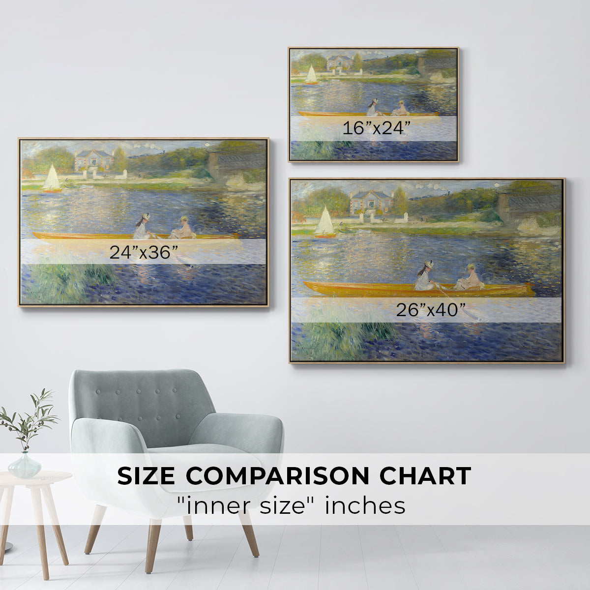 Size comparison chart for natural wood floater framed canvas featuring The Skiff (La Yole), 1875 by Pierre-Auguste Renoir.
