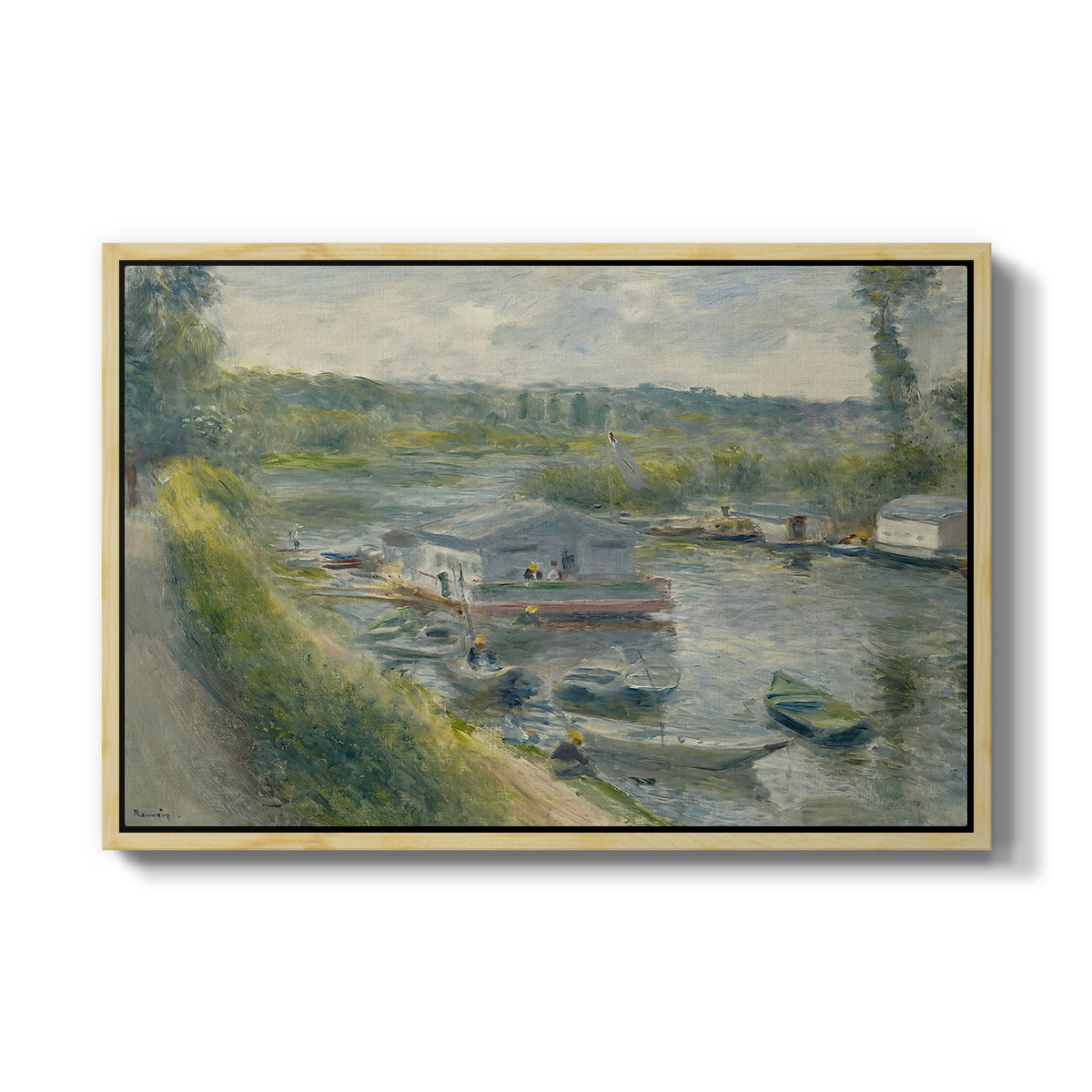 Wash-House Boat at Bas-Meudon, c. 1874 by Pierre-Auguste Renoir in a natural wood floater framed canvas wall art display.
