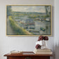 Natural wood floater framed canvas featuring Wash-House Boat at Bas-Meudon, c. 1874 by Pierre-Auguste Renoir above an entryway table in a minimalist foyer.