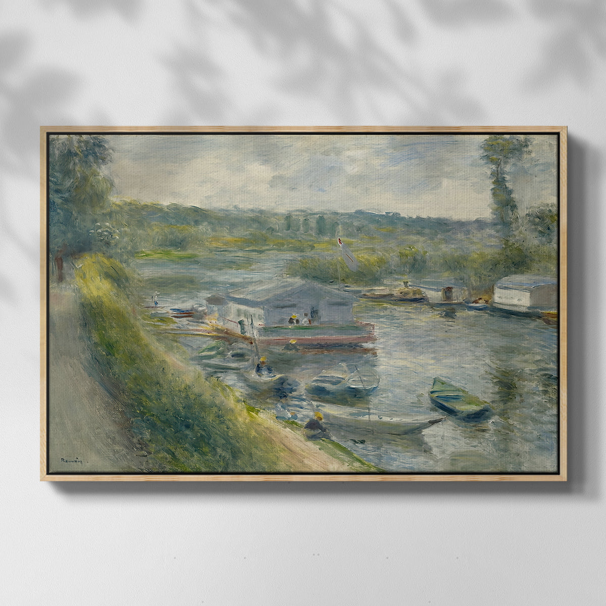 Front view of Wash-House Boat at Bas-Meudon, c. 1874 by Pierre-Auguste Renoir in a natural wood floater framed canvas.