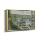 Angled view of Wash-House Boat at Bas-Meudon, c. 1874 by Pierre-Auguste Renoir in a natural wood floater framed canvas.